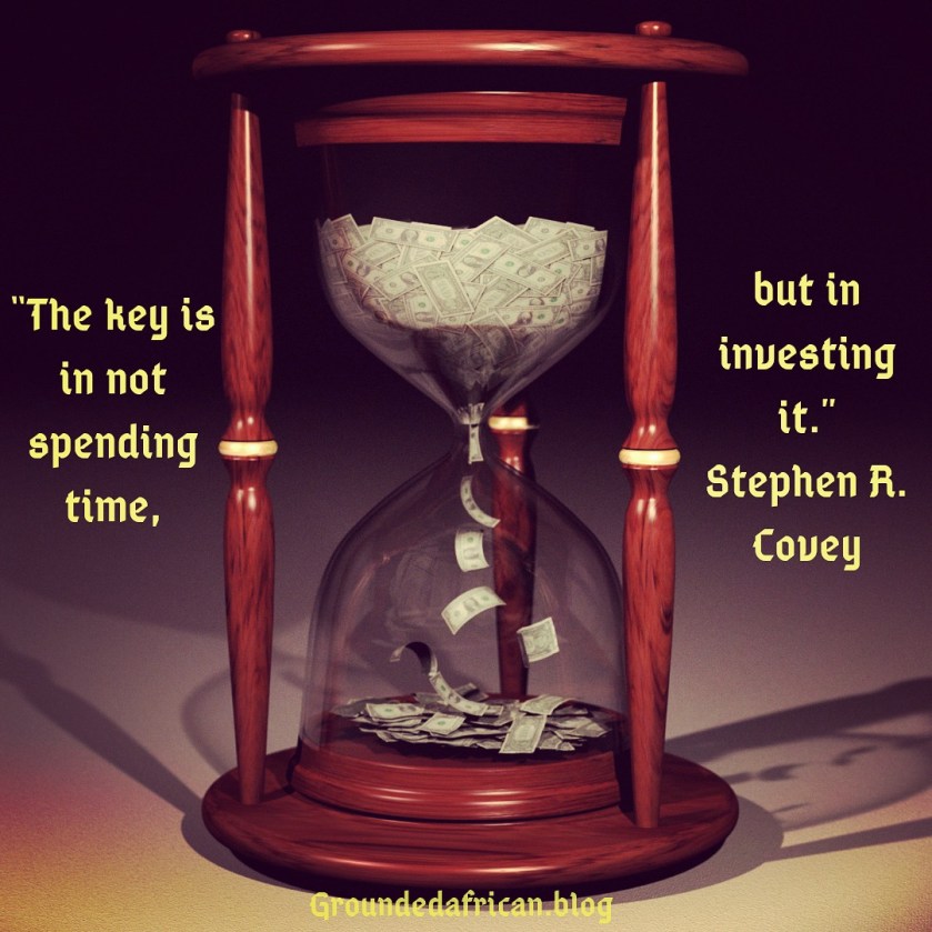 Hourglass filled with money. Quote about investing time by Stephen R. Covey