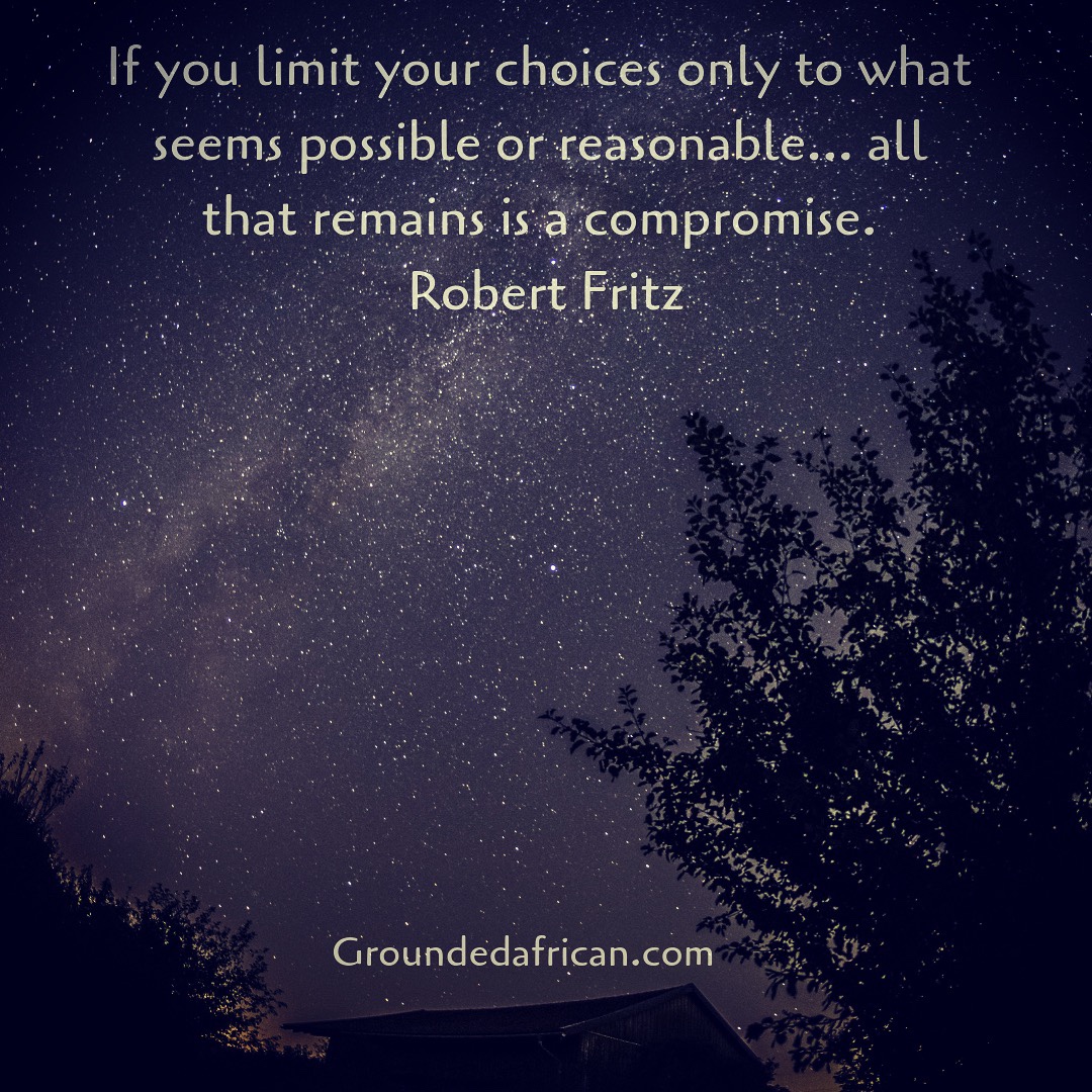 Star-filled night sky with a tree and rooftop of farmhouse in foreground. Quote by Robert Fritz