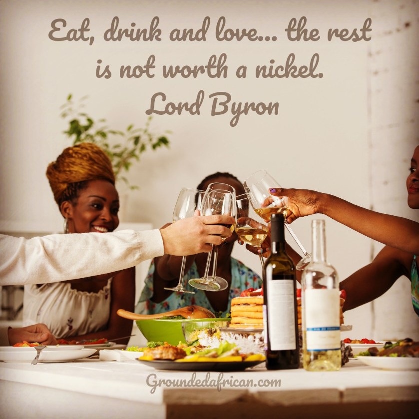 People clinking glasses over a meal. Quote by Lord Byron