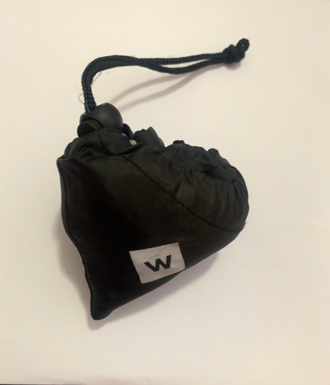 closed, heart-shaped Woolworths re-usable black shopping bag  