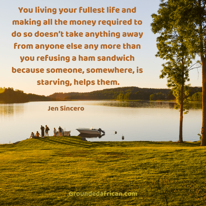 Family preparing boat at lakeside. Quote by Jen Sincero